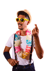 Portrait of Black Man With Carnival Props Isolated on Orange Background.