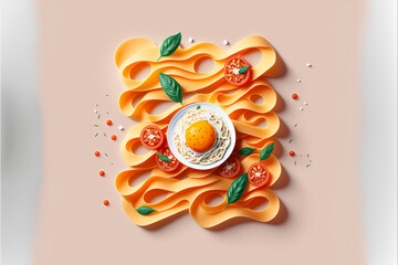 3D Isolated consuming spaghetti with Egg on top. Tagliatelle made with egg and bolognese sauce with beef and tomato. Bologna based traditional Italian meal. Pink Background, Generative AI
