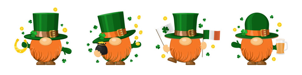 Set of lucky Irish gnomes with green hats, gold coins and celebration Saint Patrick's Day - obrazy, fototapety, plakaty