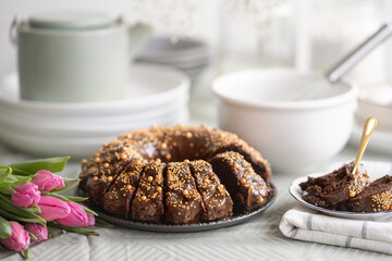 chocolate cake and tulips