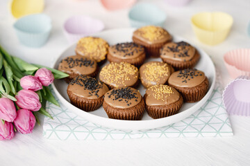 Homemade cupcakes with chocolate cream