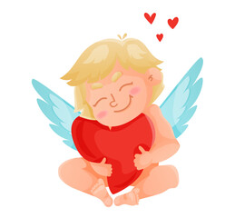 Cute cupid is holding heart. Happy little angel with wings. Valentines vector illustration on white isolated background.