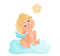 Cute cupid is sitting on the cloud and watching stars. Valentines vector illustration on white isolated background.