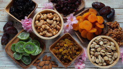 Assorted dry fruits: Dry plum, kiwi, raisins, nuts, pistachios. Tu BiShvat  a Jewish holiday concept