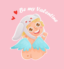 Be my valentine. Cute cupid is sitting in funny hat. Vector design for postcards, advertising material, websites