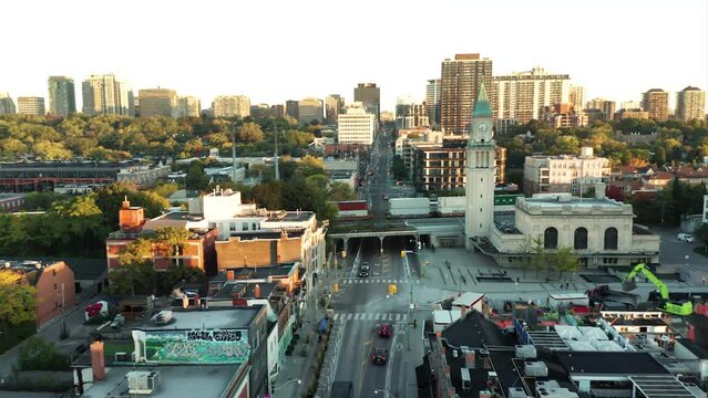 Toronto Streets with Train Drone Clip - Push In - LCBO Clocktower