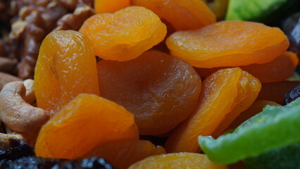 Dried apricots and assorted dry fruits: Dry plum, kiwi, raisins, nuts, pistachios. Tu BiShvat  a Jewish holiday concept