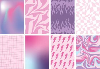 Set of 90s theme groovy background of checkered patterns and gradients in pink purple color.