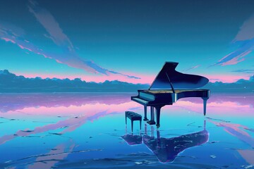 Surreal sea scene with piano on the water at dusk. Sea and sky. Generative AI