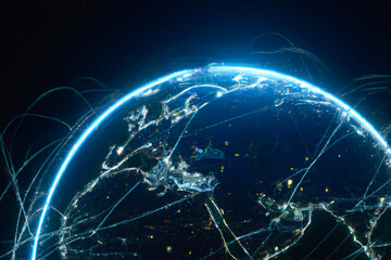 Naklejka na ściany i meble Planet Earth in blue light with Communication technology network connections, data transfer between cities and continents, internet network around the world from space
