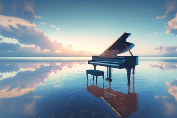 Surreal sea scene with piano on the water at dusk. Sea and sky. Generative AI