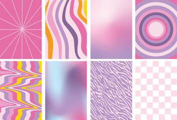 Set of 90s theme groovy background of checkered patterns, wavy lines and gradients in pink purple color.