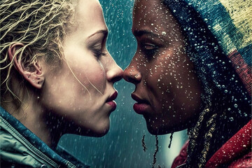 Two lesbian women in a passionate embrace under the rain, ai generated