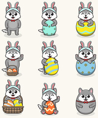 Fototapeta premium Wolf Happy Easter. Cute Wolf on the Easter theme in cartoon. Vector illustration. Isolated on white background. Easter holiday vector set.