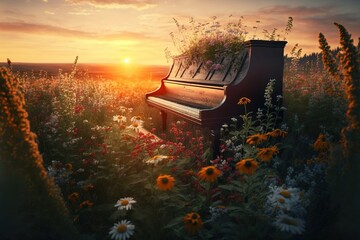  piano in nature at sunset. Flower. Generative AI