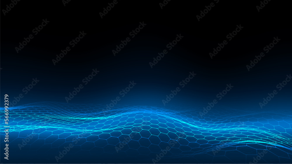 Poster futuristic vector hexagon wave. dark cyberspace. abstract wave with dots and line. white moving part