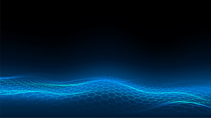 Futuristic vector hexagon wave. Dark cyberspace. Abstract wave with dots and line. White moving particles on background.