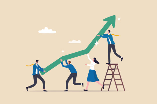 Team growth, teamwork to help improve working and achieve success, work together or cooperate to increase efficiency concept, business people help pushing green graph and chart arrow rising up.