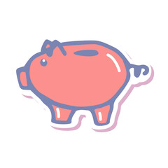 Hand drawn doodle sticker funny pink piggy bank. For greeting cards, children book and seasonal design, sale, prevention. Modern cartoon vector illustration isolated white.