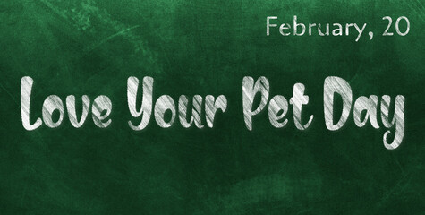 Happy Love Your Pet Day, February 20. Calendar of February Chalk Text Effect, design