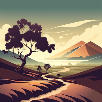 illustration of a landscape, sunset in the mountains, Generative AI
