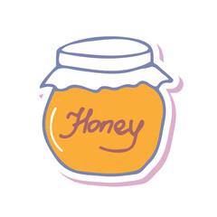 Hand drawing honey jar sticker. Simple logo, minimal subject picture. For greeting cards,children coloring book,seasonal design. Stock Doodle vector illustration isolated on white background