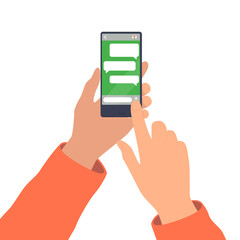 Sending messages in the messenger. Hands and smartphone. Correspondence using the application on the phone. Illustration on transparent background
