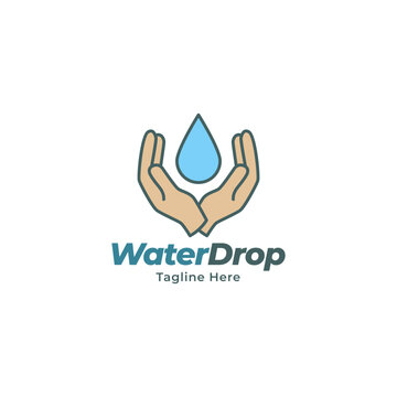 Water drop in Hand Logo design vector template. Save Aqua icon. Waterdrop liquid Oil Logotype concept icon.