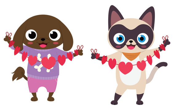 A friendly cat and dog are holding heart decorations