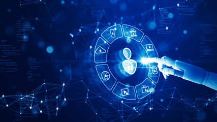 Cyber security concept of digital technology or online privacy protection. Robot abstract wooden hand pressing user icon surrounded by various icons Binary code polygon on dark blue background.