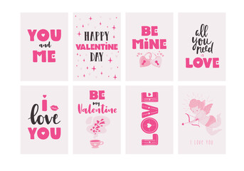 Vector Valentine's day cards. Set of cute cards for Valentine Day. Pink love hearts and doodles.  - 566995908
