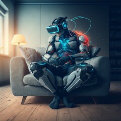 cyborg wired to VR headset, relaxed on a couch, in a futuristic living room.