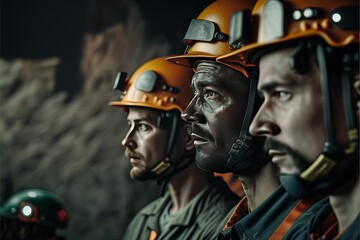 Group of miners high resolution, poster, workers, uniform. safety, health, hard work, earnings, strength. danger, courage, mine, bowels of the earth, minerals, resources, coal, ore. AI