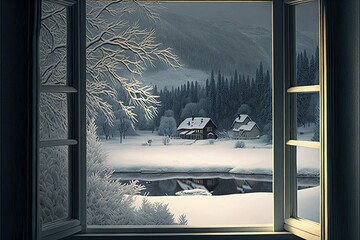 Fairy landscape from the window. winter fairy tale. wooden huts, cold snow, lake, forest, trees, holidays, vacation, rest, computer illustration, picture themed wallpaper, large wooden windows. AI