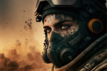 Woman universal soldier of the future, in full gear, technology development, military tactics, missions, goals, security. conflict, deterrence, defense, security, peel, courage, courage, explosions.AI