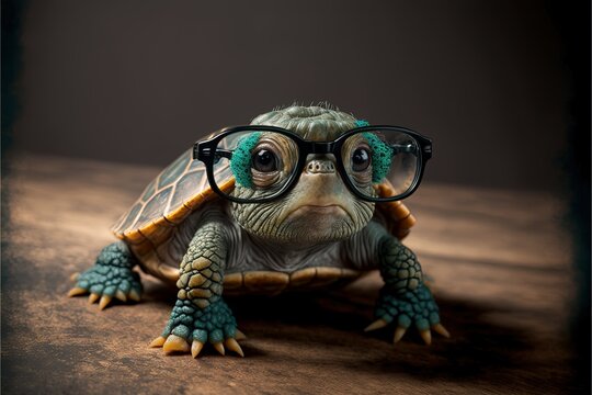 Cute turtle with glasses, humor, wallpaper, stylish, photorealistic, high resolution, wisdom, longevity, wooden table, 3d visualization, strong shell, pet, exotic, sea, ocean, reptile. AI
