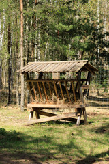 Old rural wooden houses. Elements of architecture walls, windows, roofs. On a sunny summer day.