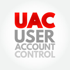 UAC User Account Control - helps prevent malware from damaging a PC and helps organizations deploy a better-managed desktop, acronym text concept background