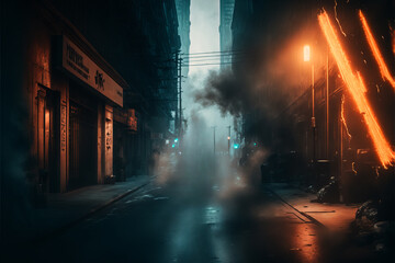 futuristic cyberpunk streets and buildings with light and fog illustration background created with a  Generative AI technology	