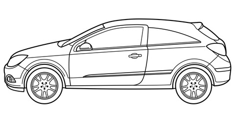 Outline drawing of a sport hatchback car from side view. Classic 90s, 00s style. Vector outline doodle illustration. Design for print or color book.