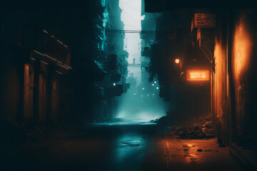 Obraz premium futuristic cyberpunk streets and buildings with light and fog illustration background created with a Generative AI technology 