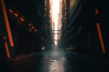 futuristic cyberpunk streets and buildings with light and fog illustration background created with a  Generative AI technology	