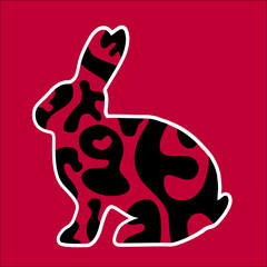 Vector rabbit shape with Gamo pattern inside, black and red colours, side view rabbit.