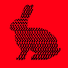 Vector rabbit shape with Gamo pattern inside, black and red colours, side view rabbit.