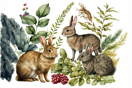 Watercolor seamless pattern with cute rabbit animals leaves wildlife background, Generative AI