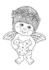 Cute angel and sweet heart cartoon coloring page. Valentine greeting card or coloring book design. Vector illustration.
