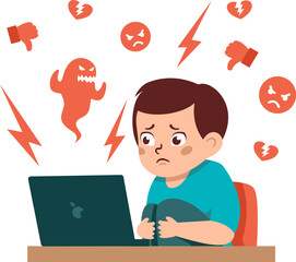 Flat vector illustration. The concept of dangerous materials for children on the Internet. A frightened boy looks at the monitor screen 