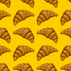 YELLOW SEAMLESS VECTOR BACKGROUND WITH FRESH DELICIOUS CROISSANTS