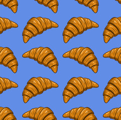 LIGHT BLUE SEAMLESS VECTOR BACKGROUND WITH FRESH DELICIOUS CROISSANTS
