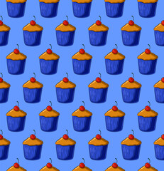 LIGHT BLUE SEAMLESS VECTOR BACKGROUND WITH FRESH DELICIOUS CUPCAKES